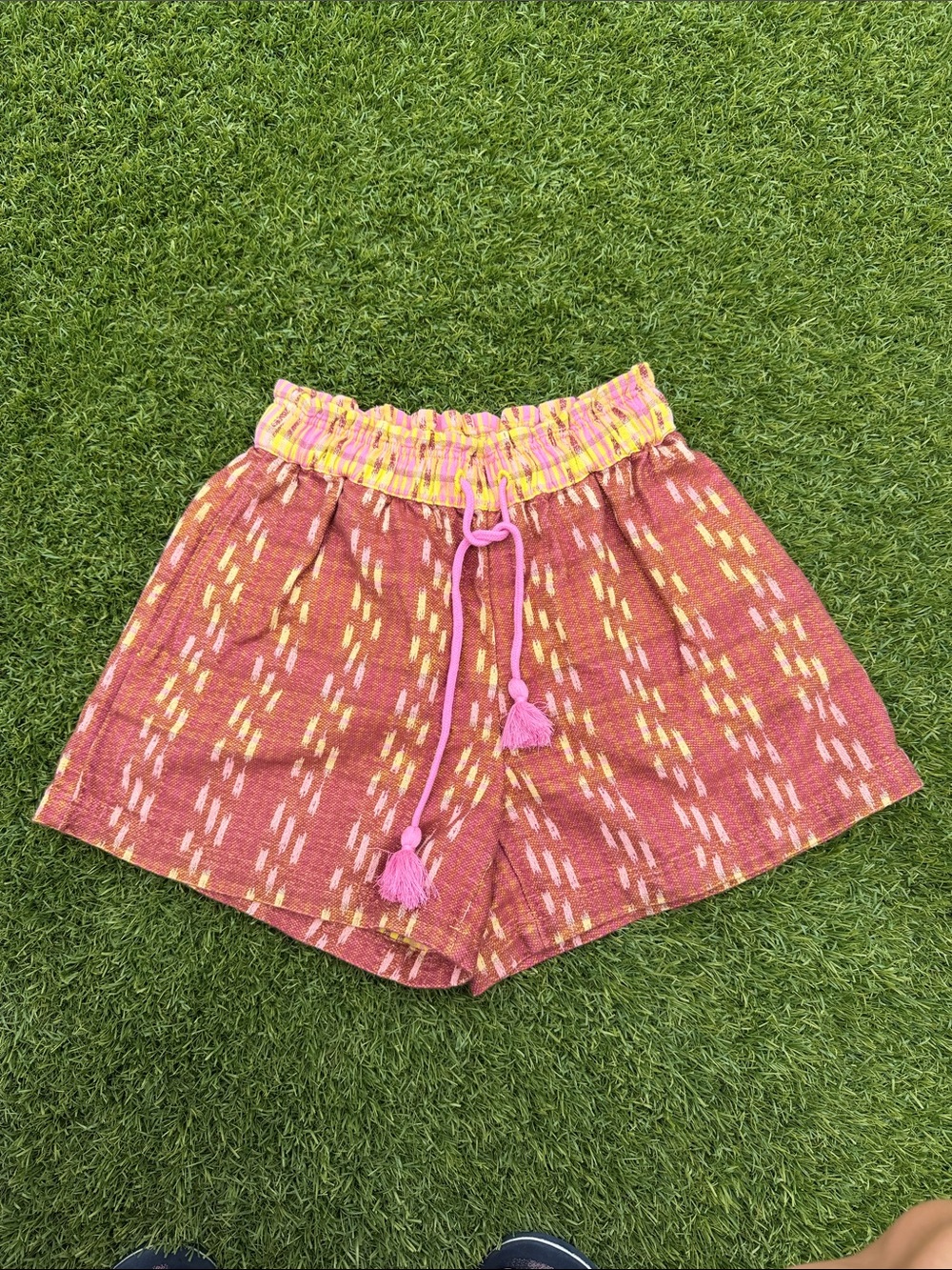 aerie Pink Patterned High-Waist Drawstring Shorts with Yellow Waistband